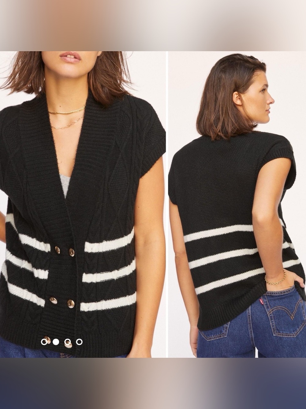 🌼🌸Anthropologie Maeve Black White Striped Gold Button Sweater
Vest Oversized S